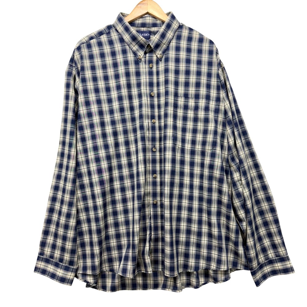 Puritan Mens 2XL Plaid Button Down Shirt Navy Blue Tan Long Sleeve Pocket‎ XL